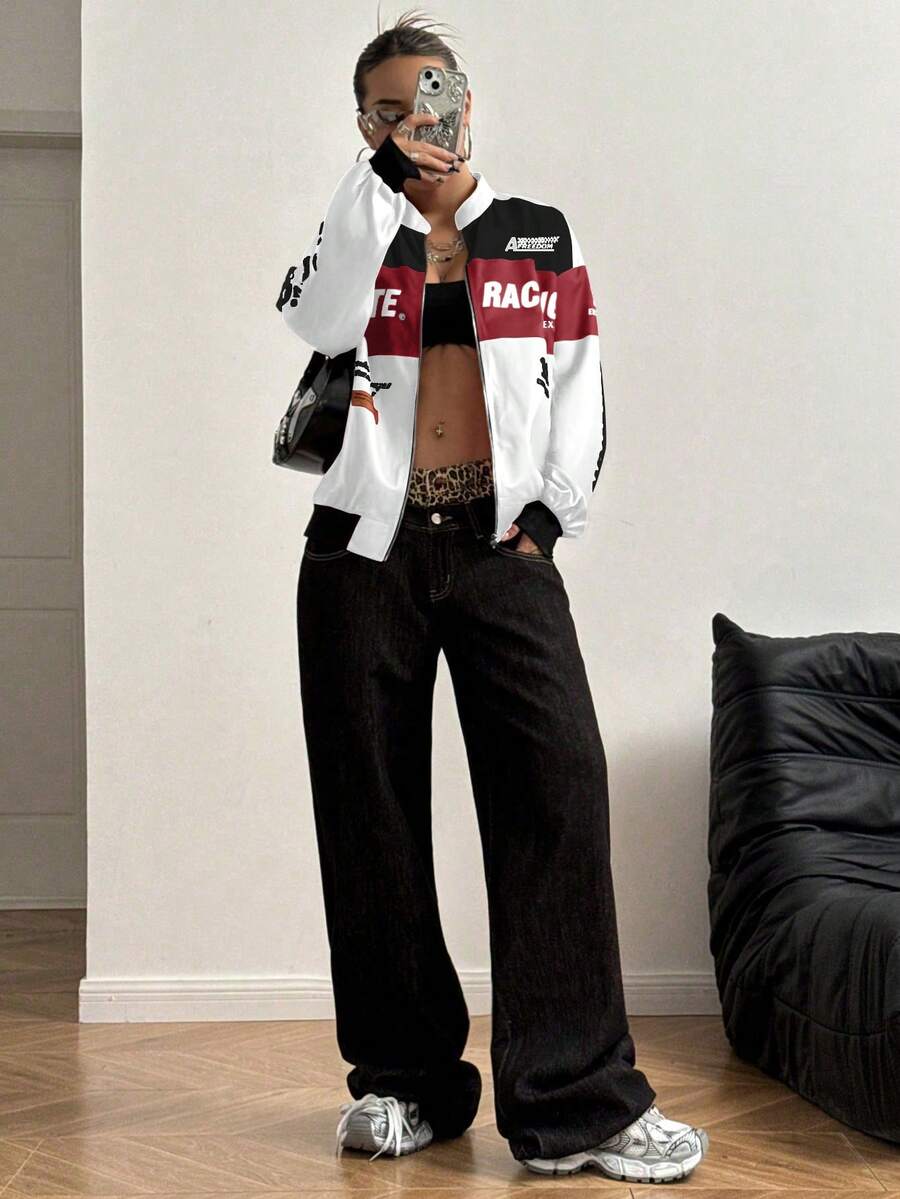 PETITE Letter Print Contrast Color Drop Shoulder Bomber Jacket For New Year Clothes