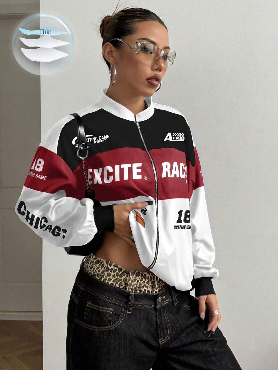 PETITE Letter Print Contrast Color Drop Shoulder Bomber Jacket For New Year Clothes