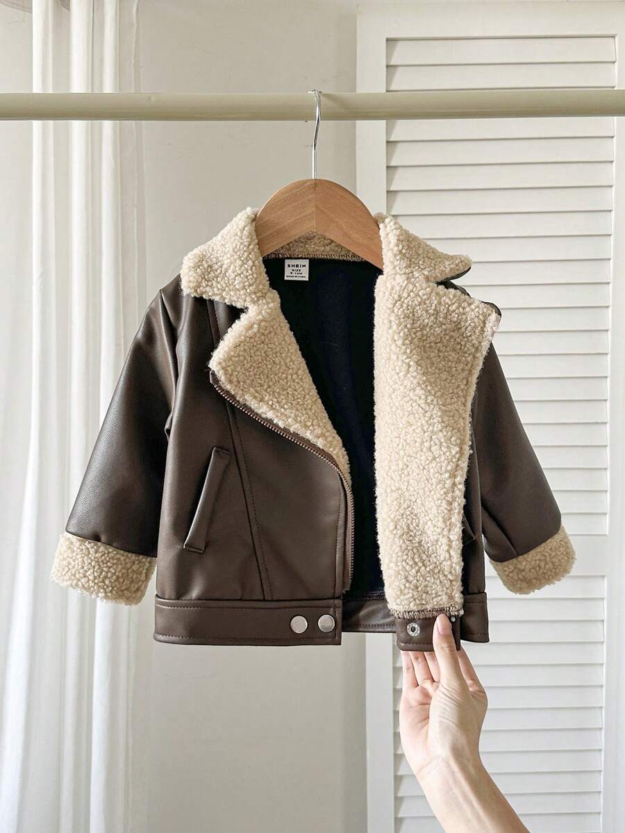 SHEIN Playful Pals Plush Patchwork Baby Boy Faux Leather Jacket, Fashionable Casual Streetwear Baby Boy Jacket