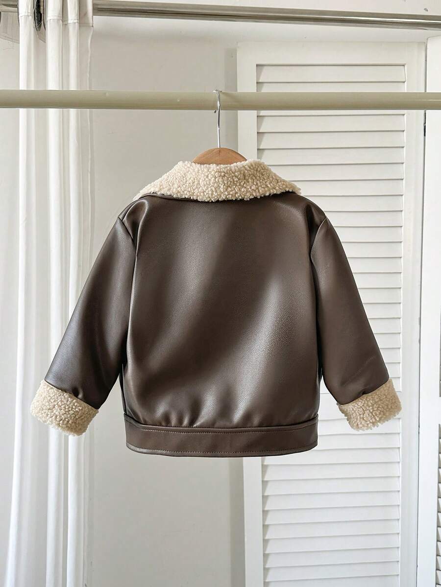 SHEIN Playful Pals Plush Patchwork Baby Boy Faux Leather Jacket, Fashionable Casual Streetwear Baby Boy Jacket