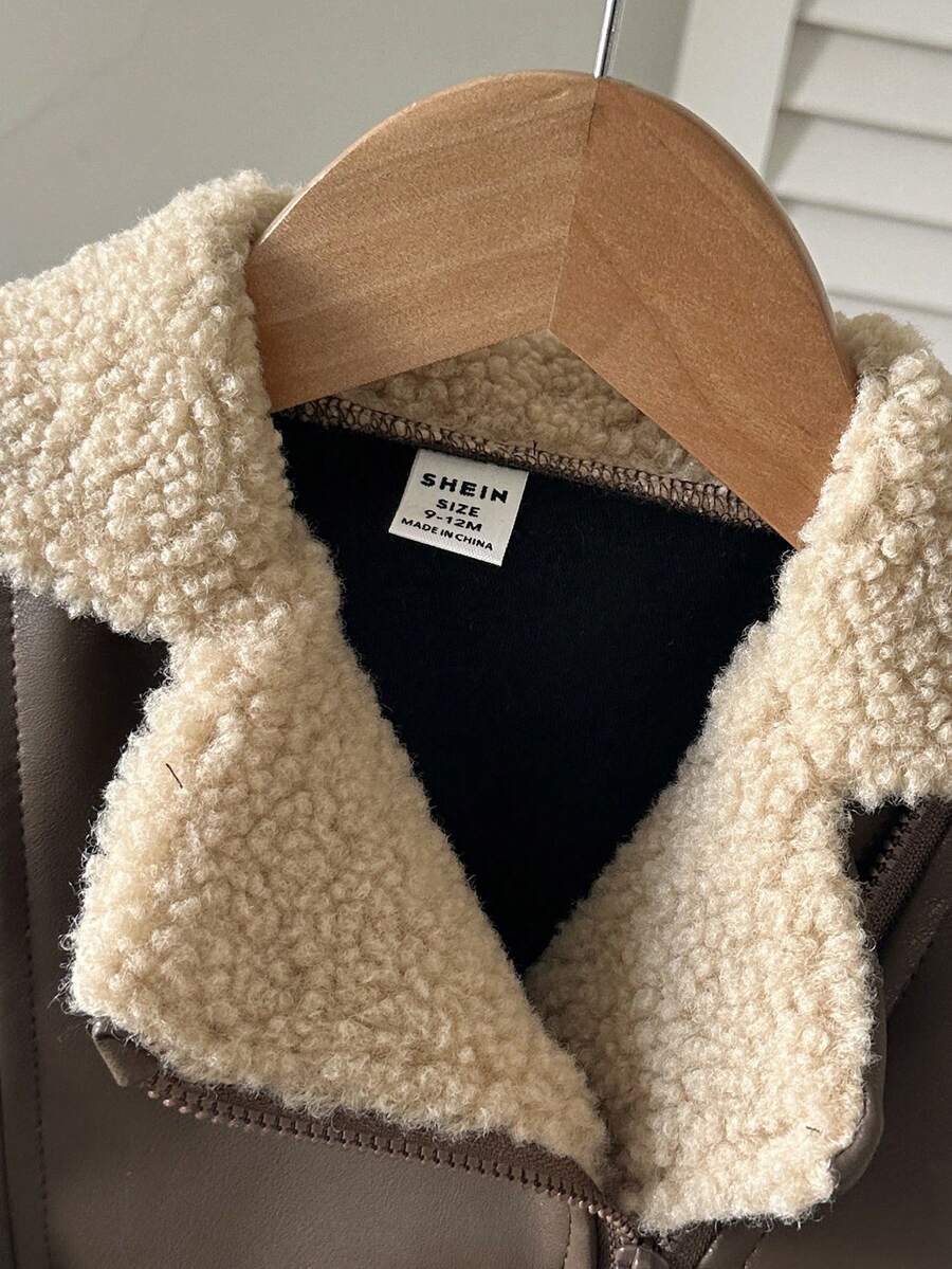 SHEIN Playful Pals Plush Patchwork Baby Boy Faux Leather Jacket, Fashionable Casual Streetwear Baby Boy Jacket