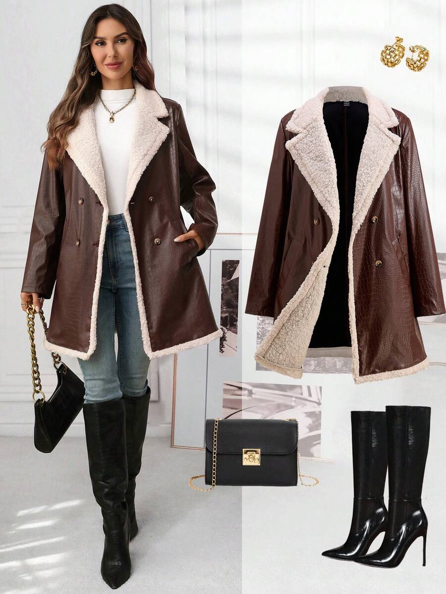Ellevyn Women's Puff Patchwork Front Zip Casual Regular PU Jacket Autumn Winter Clothes For Womenchristmas Clothes For Women Winter Clothes For Women Cozy Fall And Winter Clothes For Women New Year Clothes  Thanksgiving Outfit For Women Elegant Party Clo