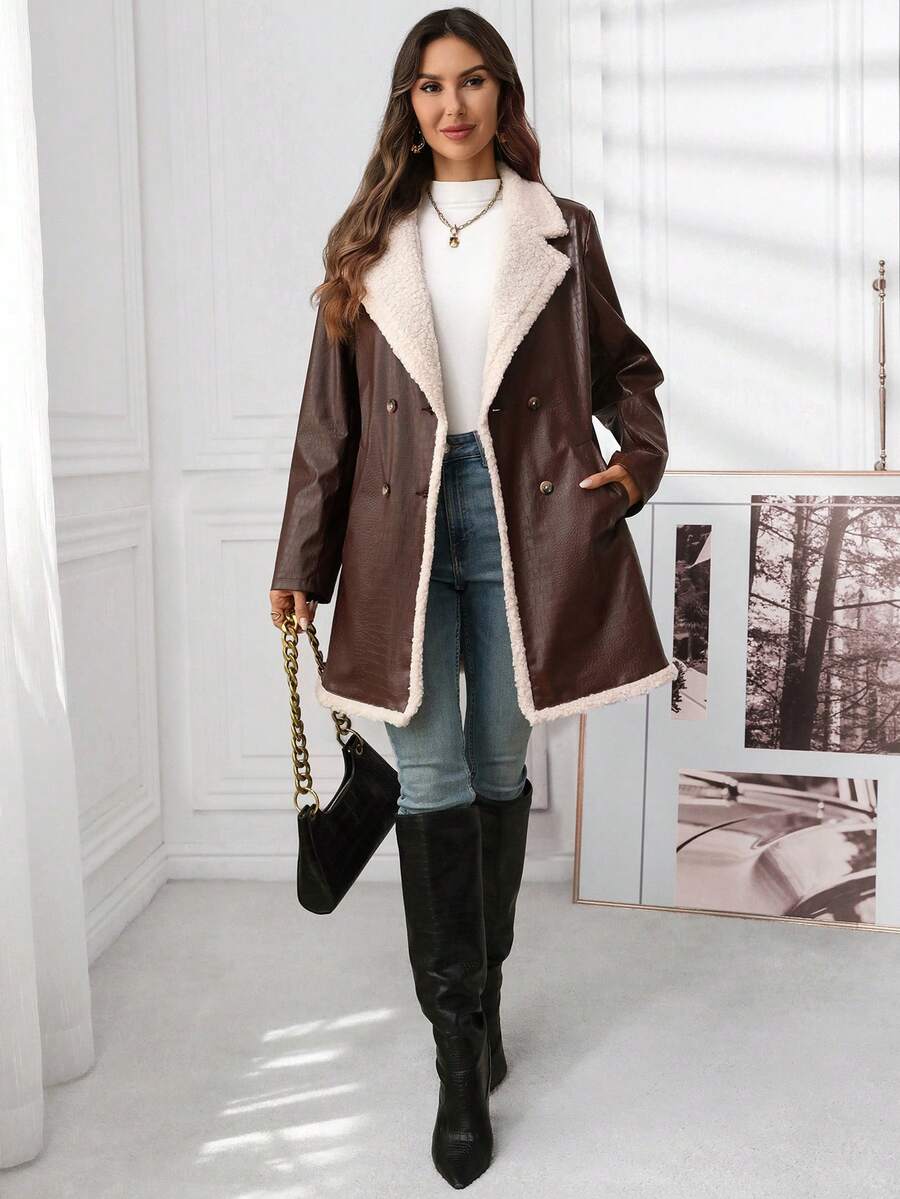 Ellevyn Women's Puff Patchwork Front Zip Casual Regular PU Jacket Autumn Winter Clothes For Womenchristmas Clothes For Women Winter Clothes For Women Cozy Fall And Winter Clothes For Women New Year Clothes  Thanksgiving Outfit For Women Elegant Party Clo