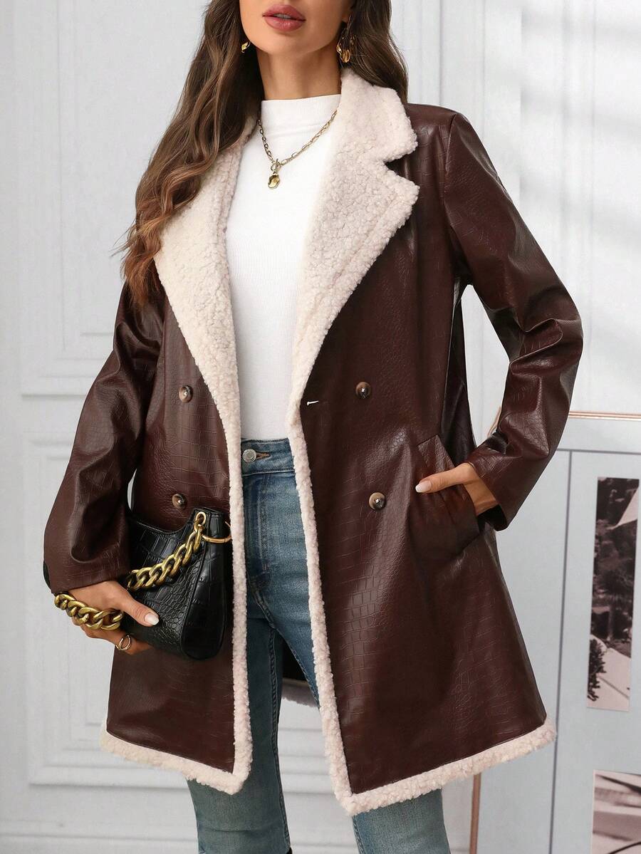 Ellevyn Women's Puff Patchwork Front Zip Casual Regular PU Jacket Autumn Winter Clothes For Womenchristmas Clothes For Women Winter Clothes For Women Cozy Fall And Winter Clothes For Women New Year Clothes  Thanksgiving Outfit For Women Elegant Party Clo