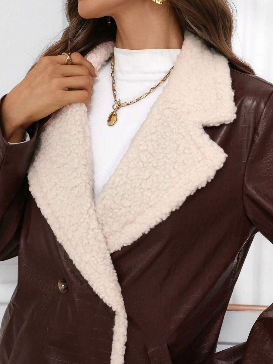 Ellevyn Women's Puff Patchwork Front Zip Casual Regular PU Jacket Autumn Winter Clothes For Womenchristmas Clothes For Women Winter Clothes For Women Cozy Fall And Winter Clothes For Women New Year Clothes  Thanksgiving Outfit For Women Elegant Party Clo