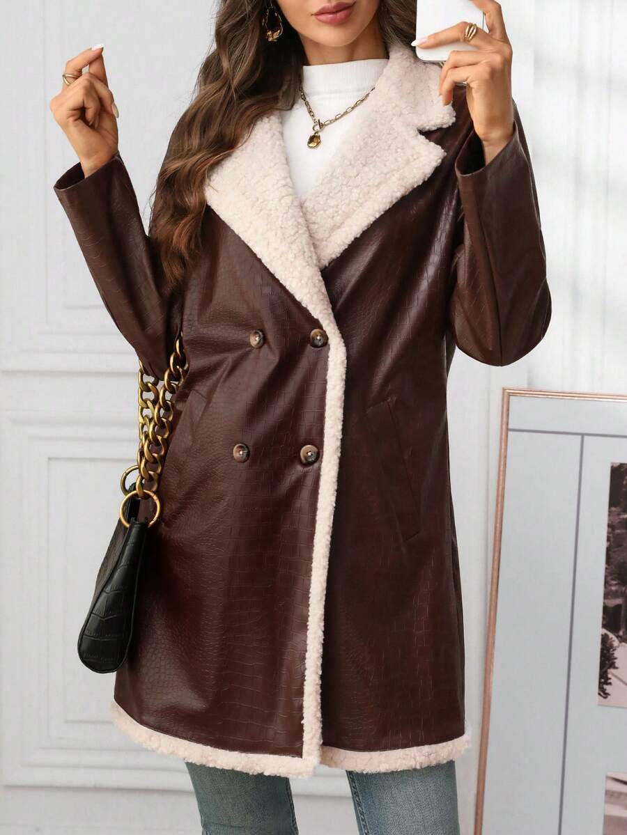 Ellevyn Women's Puff Patchwork Front Zip Casual Regular PU Jacket Autumn Winter Clothes For Womenchristmas Clothes For Women Winter Clothes For Women Cozy Fall And Winter Clothes For Women New Year Clothes  Thanksgiving Outfit For Women Elegant Party Clo