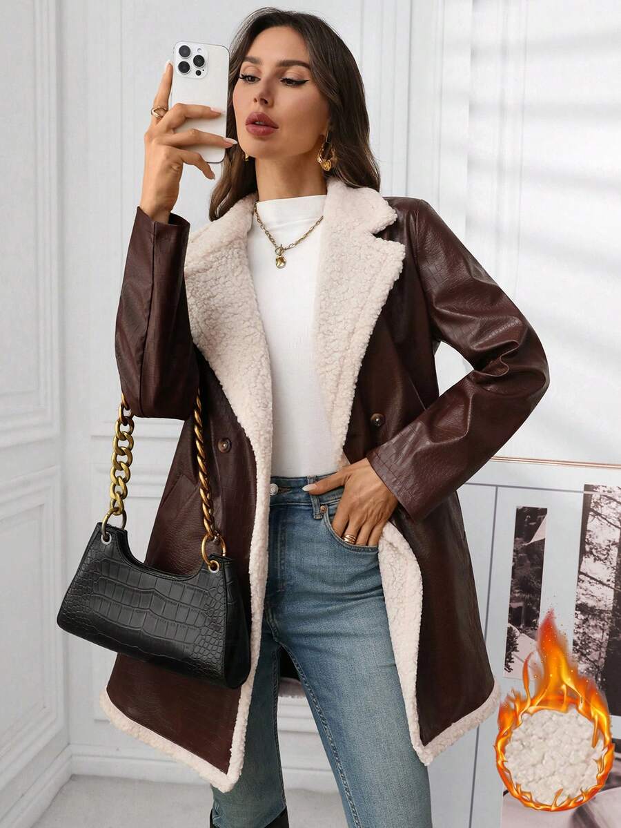 Ellevyn Women's Puff Patchwork Front Zip Casual Regular PU Jacket Autumn Winter Clothes For Womenchristmas Clothes For Women Winter Clothes For Women Cozy Fall And Winter Clothes For Women New Year Clothes  Thanksgiving Outfit For Women Elegant Party Clo
