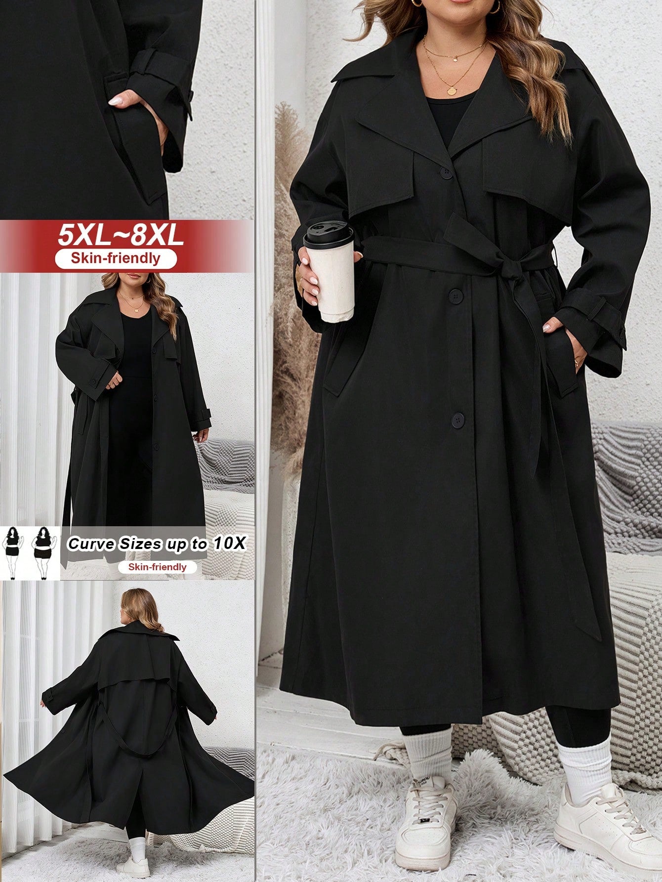 SHEIN CURVE  1pc Women's Solid Color Woven Longline Belted Front Button Trench Coat