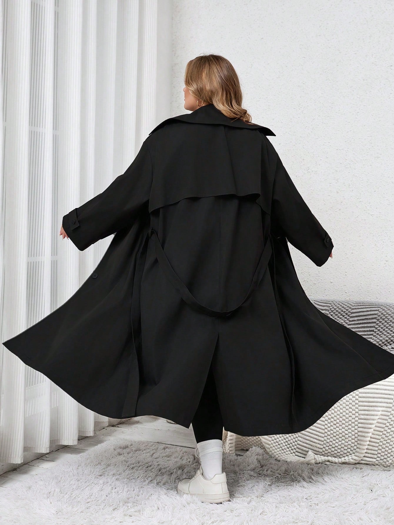 SHEIN CURVE  1pc Women's Solid Color Woven Longline Belted Front Button Trench Coat