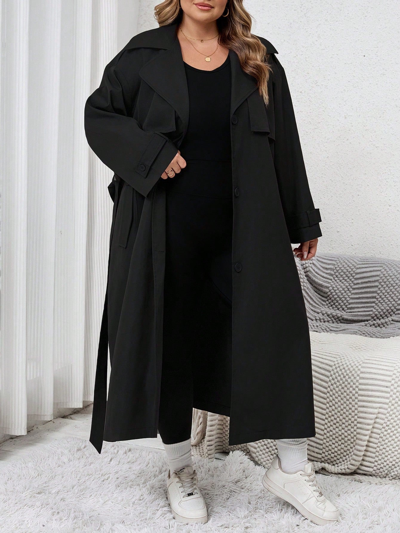 SHEIN CURVE  1pc Women's Solid Color Woven Longline Belted Front Button Trench Coat