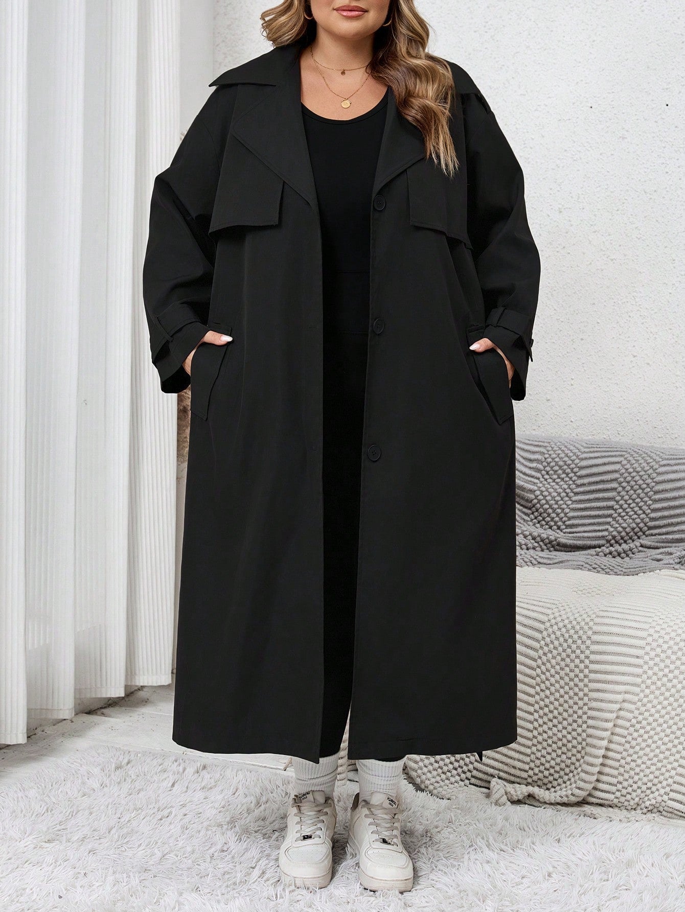 SHEIN CURVE  1pc Women's Solid Color Woven Longline Belted Front Button Trench Coat