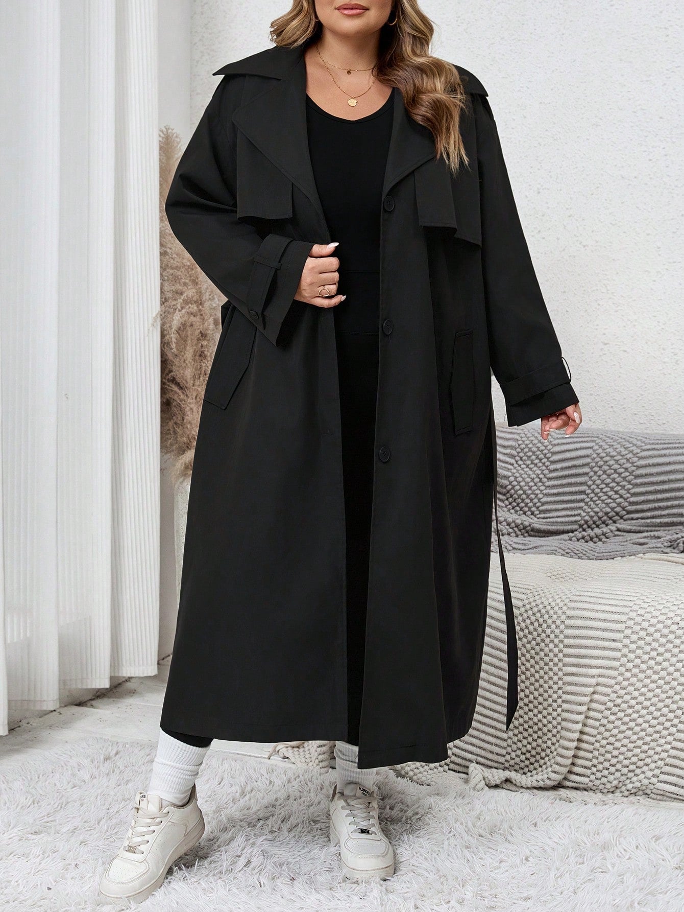 SHEIN CURVE  1pc Women's Solid Color Woven Longline Belted Front Button Trench Coat