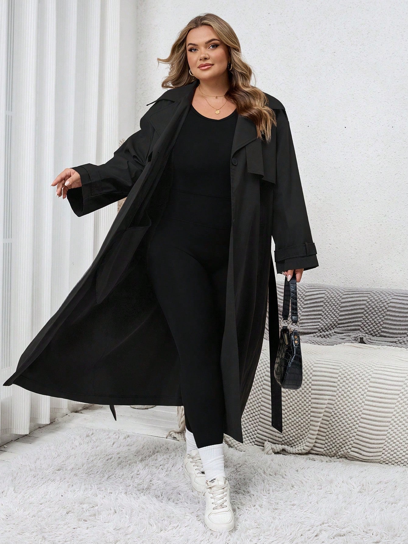 SHEIN CURVE  1pc Women's Solid Color Woven Longline Belted Front Button Trench Coat