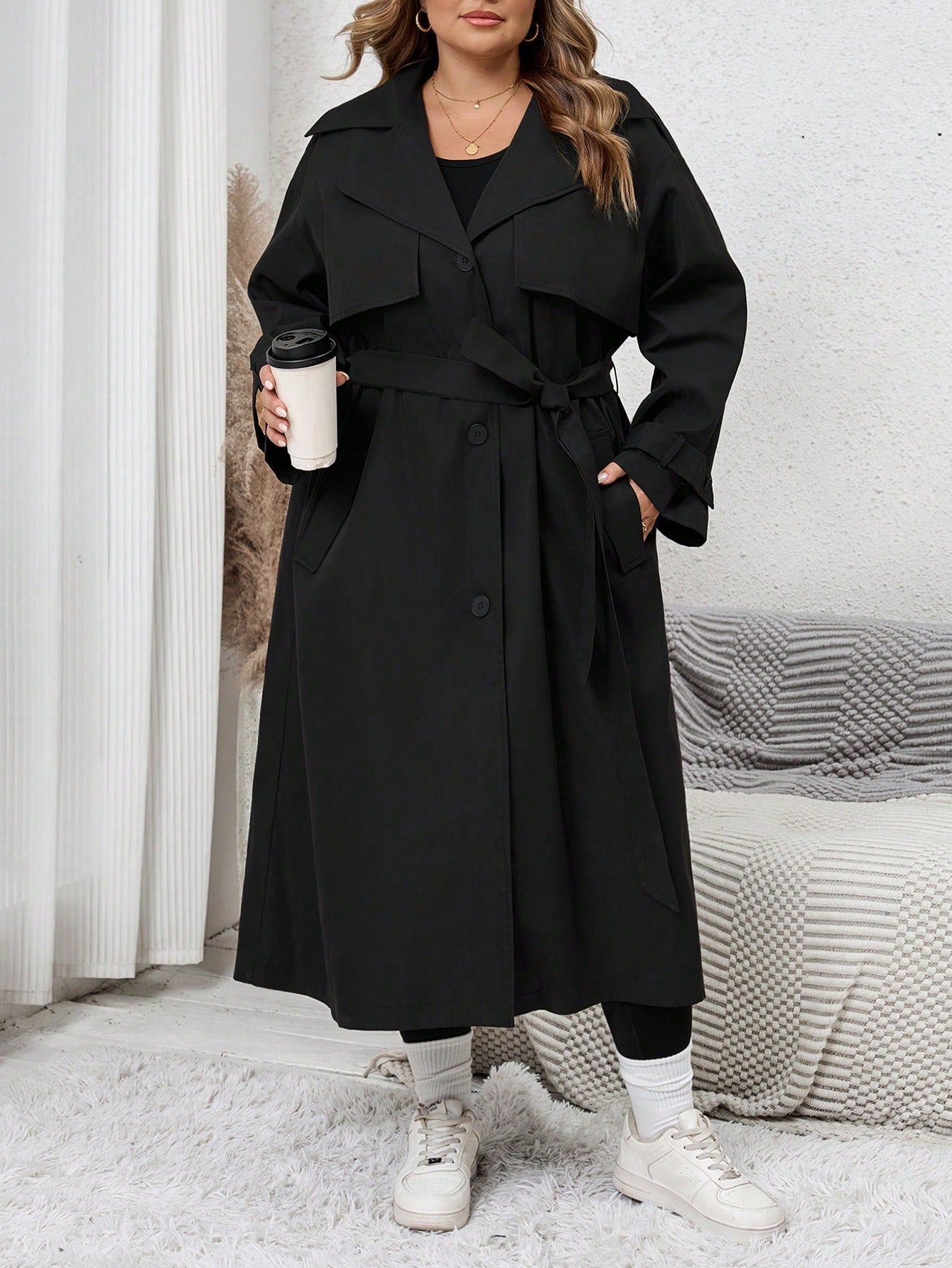 SHEIN CURVE  1pc Women's Solid Color Woven Longline Belted Front Button Trench Coat