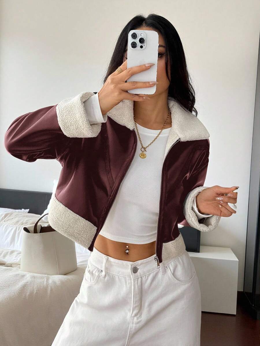 SHEIN PETITE 1pc Women Casual Fuzzy Trim Zip-Up Jacket, Autumn Bomber Jacket