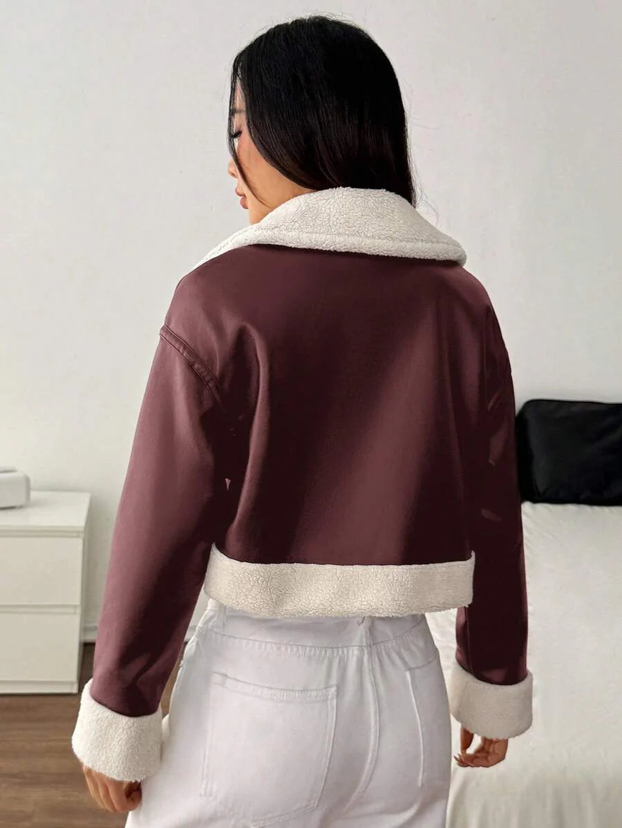 SHEIN PETITE 1pc Women Casual Fuzzy Trim Zip-Up Jacket, Autumn Bomber Jacket