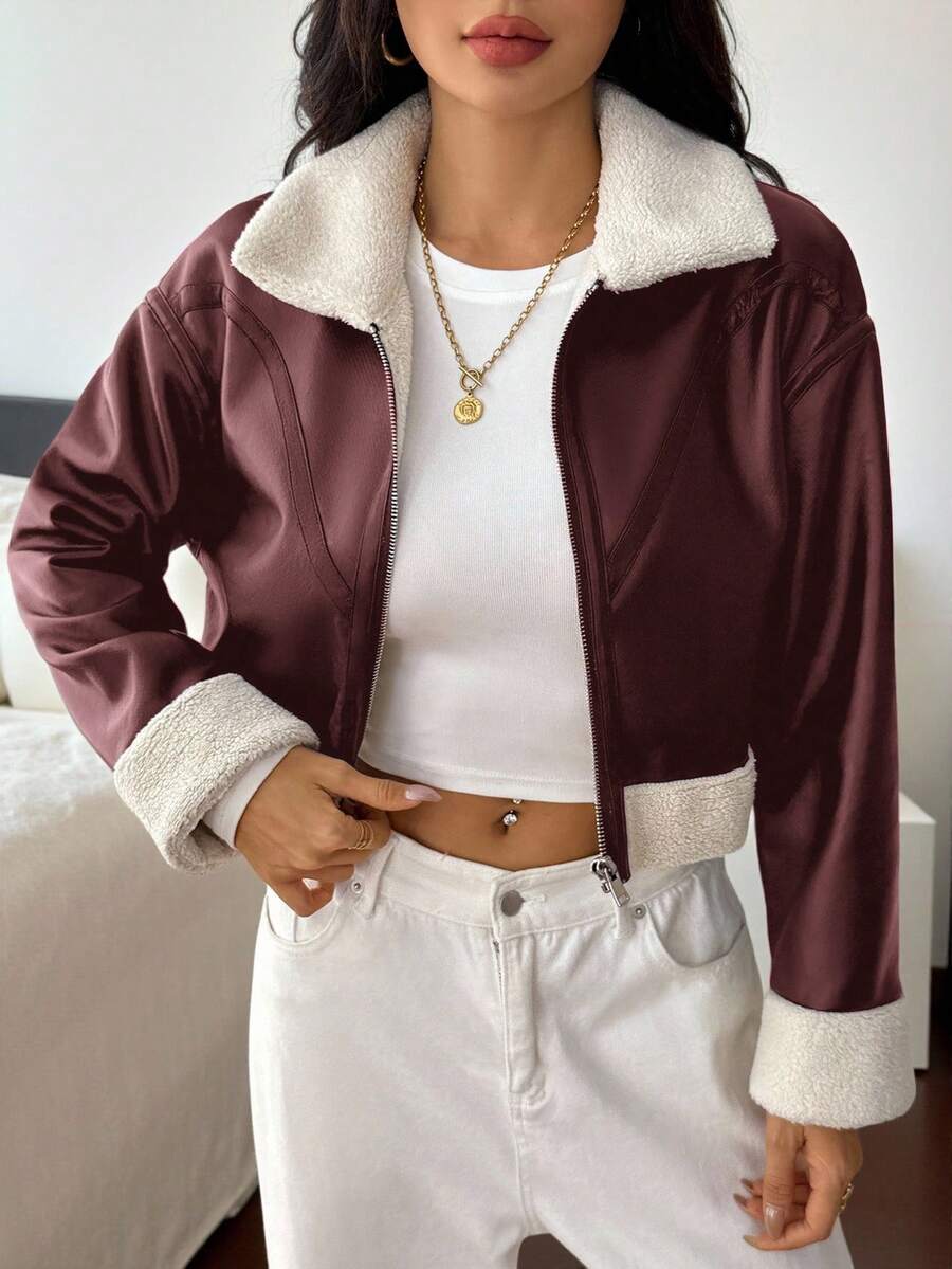 SHEIN PETITE 1pc Women Casual Fuzzy Trim Zip-Up Jacket, Autumn Bomber Jacket