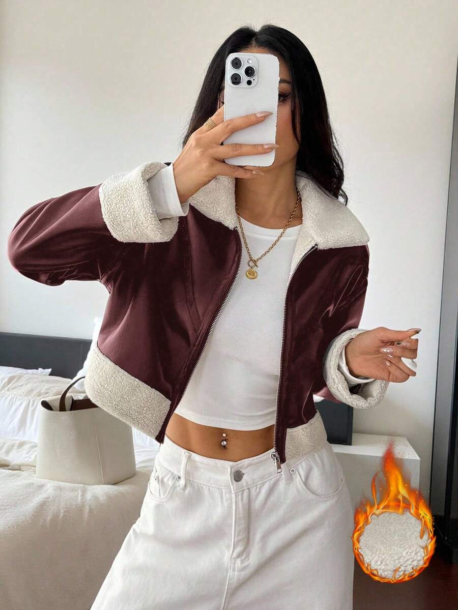 SHEIN PETITE 1pc Women Casual Fuzzy Trim Zip-Up Jacket, Autumn Bomber Jacket
