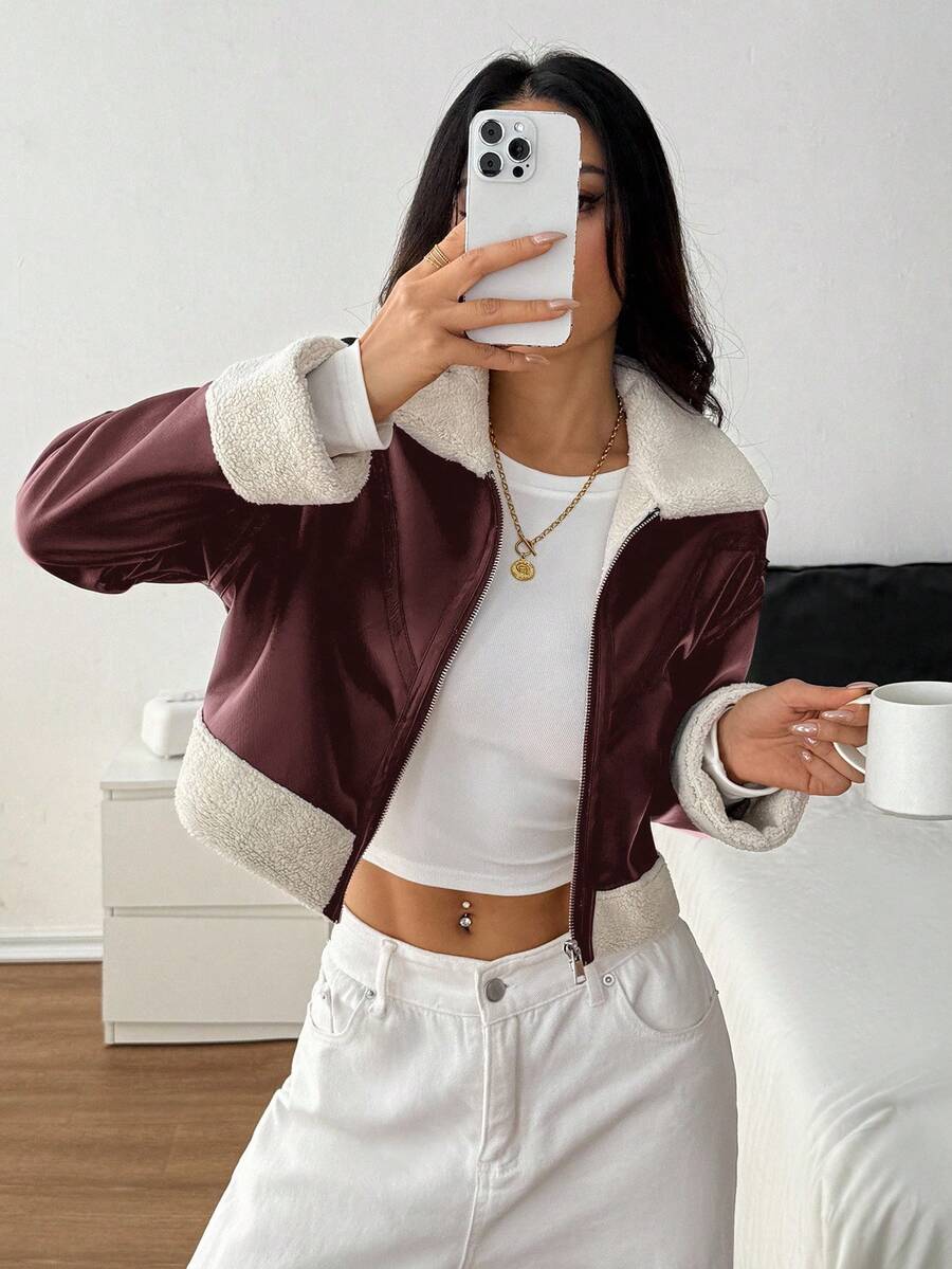 SHEIN PETITE 1pc Women Casual Fuzzy Trim Zip-Up Jacket, Autumn Bomber Jacket