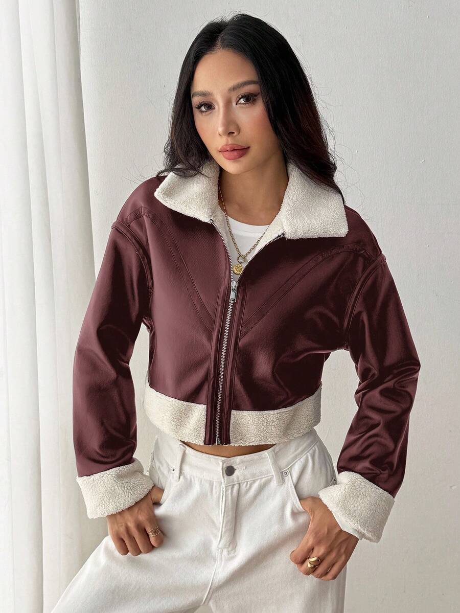 SHEIN PETITE 1pc Women Casual Fuzzy Trim Zip-Up Jacket, Autumn Bomber Jacket