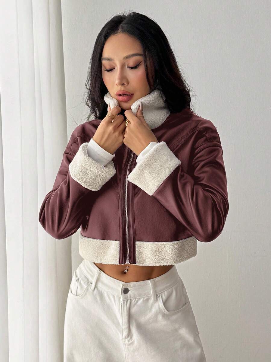 SHEIN PETITE 1pc Women Casual Fuzzy Trim Zip-Up Jacket, Autumn Bomber Jacket