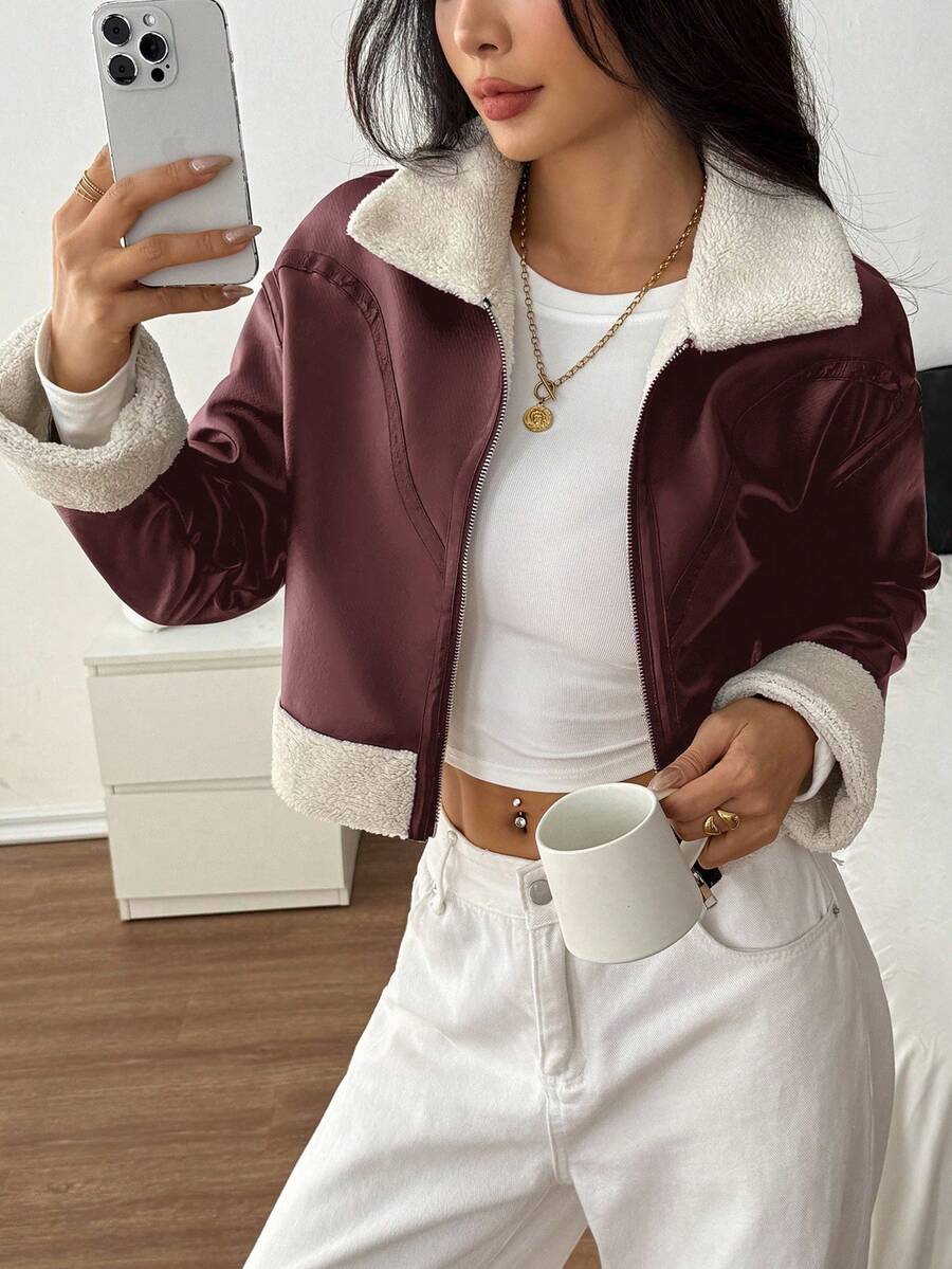 SHEIN PETITE 1pc Women Casual Fuzzy Trim Zip-Up Jacket, Autumn Bomber Jacket