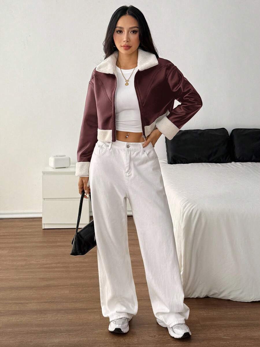 SHEIN PETITE 1pc Women Casual Fuzzy Trim Zip-Up Jacket, Autumn Bomber Jacket
