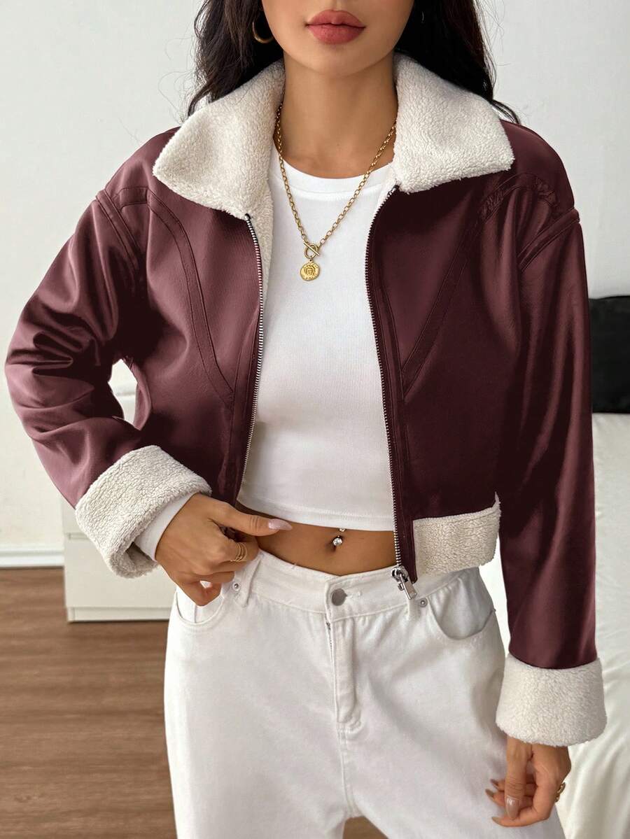 SHEIN PETITE 1pc Women Casual Fuzzy Trim Zip-Up Jacket, Autumn Bomber Jacket