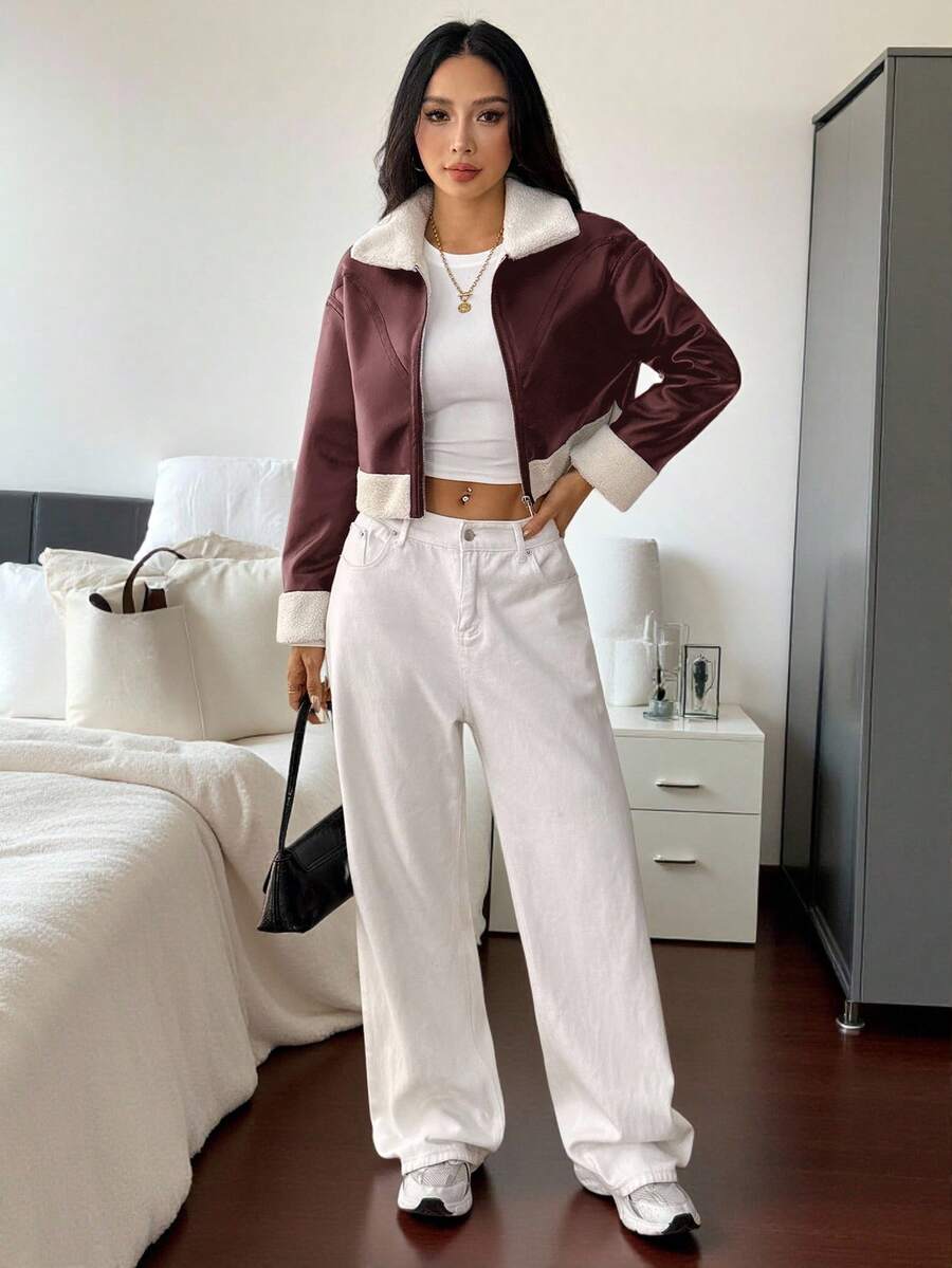 SHEIN PETITE 1pc Women Casual Fuzzy Trim Zip-Up Jacket, Autumn Bomber Jacket