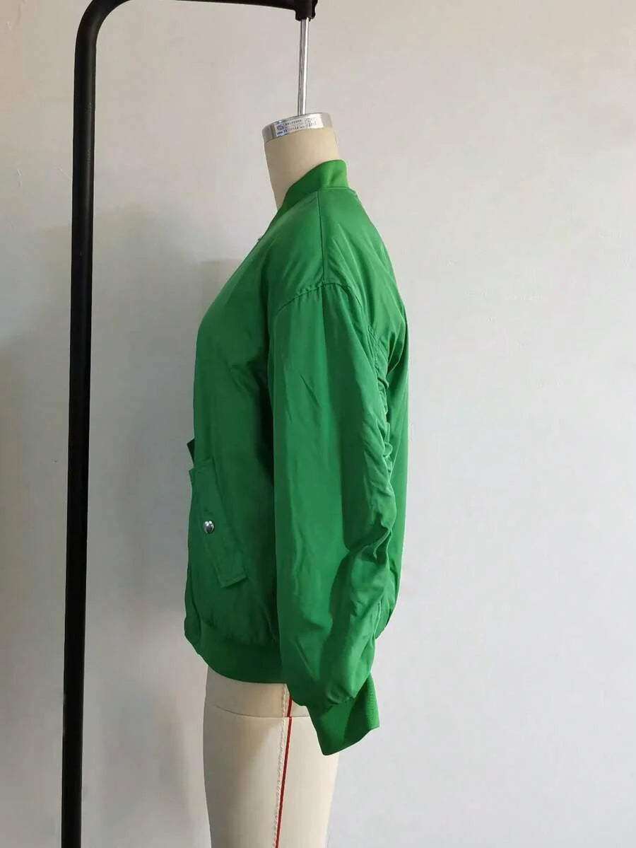 Women's Black Bomber Jacket Front Zip Pockets Long Sleeve Casual Warm Coat For Fall Winter