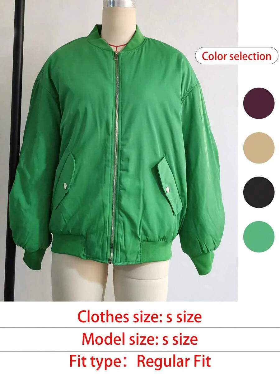 Women's Black Bomber Jacket Front Zip Pockets Long Sleeve Casual Warm Coat For Fall Winter