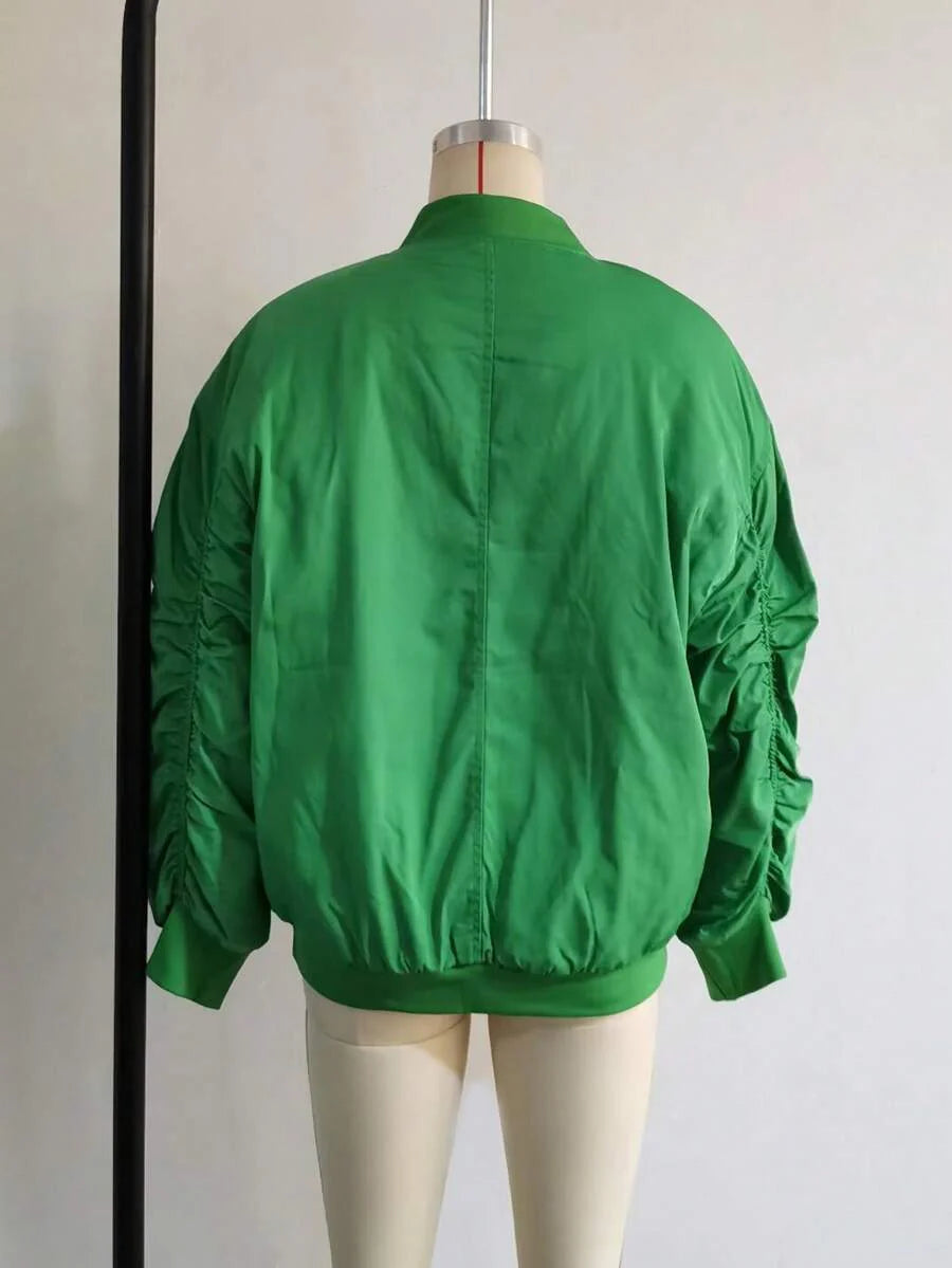 Women's Black Bomber Jacket Front Zip Pockets Long Sleeve Casual Warm Coat For Fall Winter
