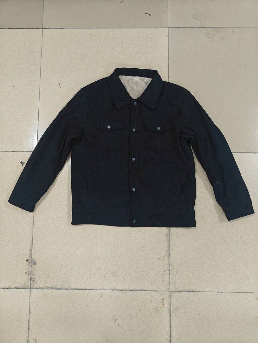 1pc Black Corduroy Thermal Lined Jacket, Outdoor Camping Style, Water-Resistant