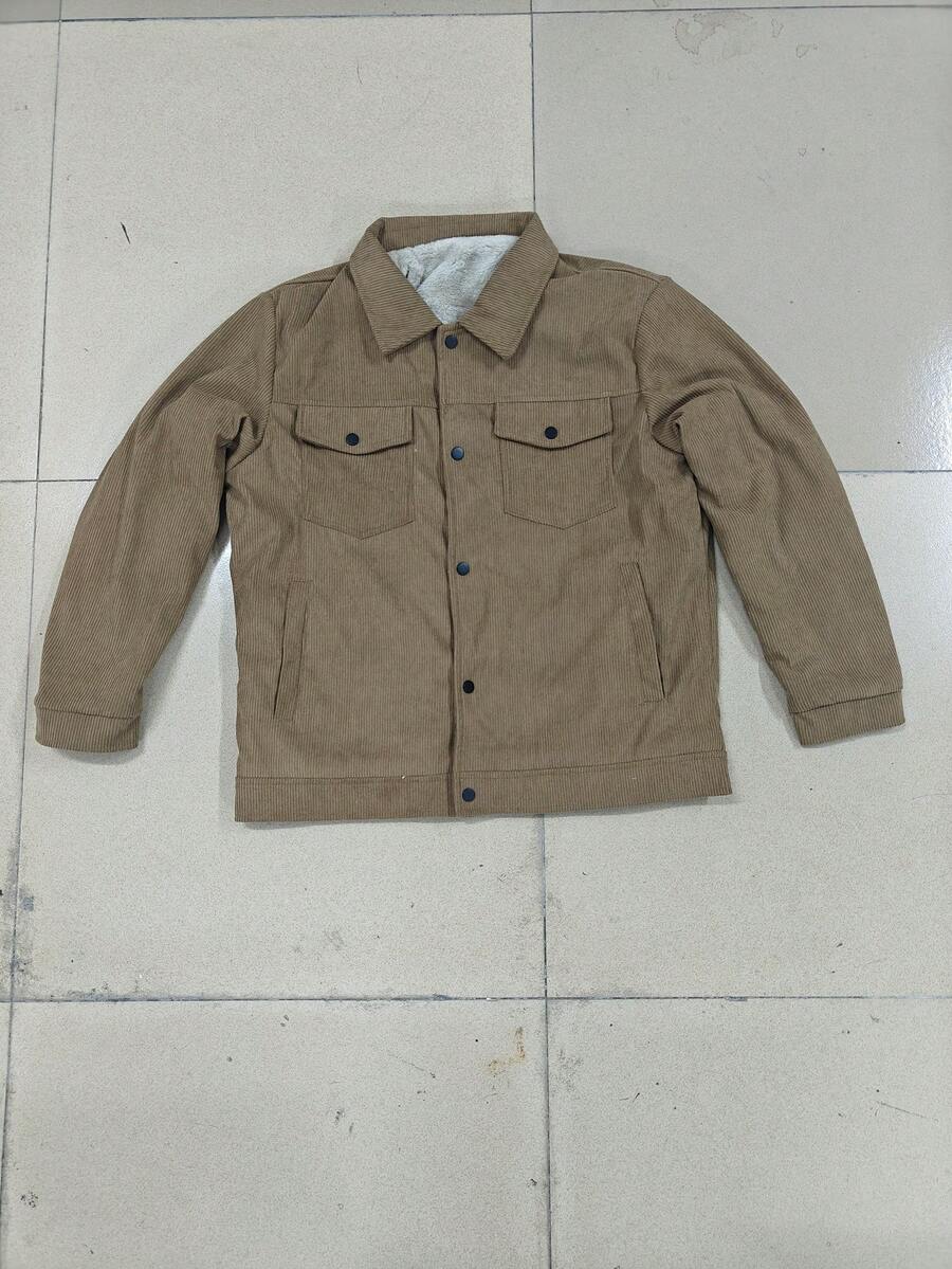 1pc Black Corduroy Thermal Lined Jacket, Outdoor Camping Style, Water-Resistant