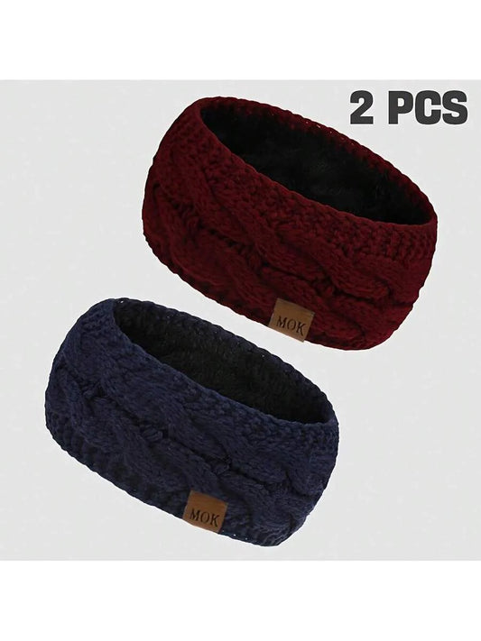 2-Pack Women's Autumn Winter MOK Logo Fleece Knitted Headband Suitable For Cold Weather Outdoor Sports Warm Ear Protection Headband