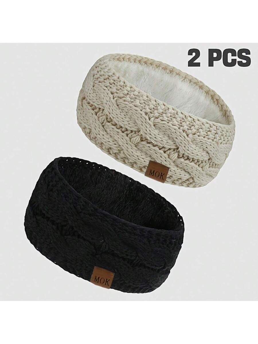 2-Pack Women's Autumn Winter MOK Logo Fleece Knitted Headband Suitable For Cold Weather Outdoor Sports Warm Ear Protection Headband