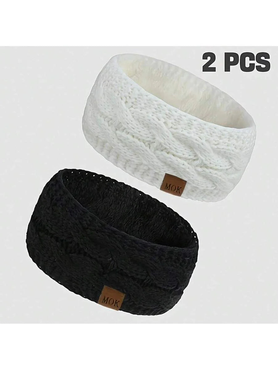 2-Pack Women's Autumn Winter MOK Logo Fleece Knitted Headband Suitable For Cold Weather Outdoor Sports Warm Ear Protection Headband