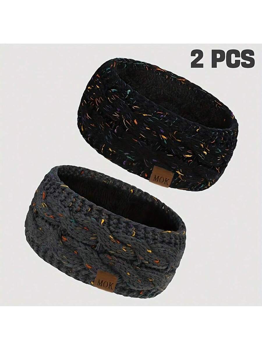 2-Pack Women's Autumn Winter MOK Logo Fleece Knitted Headband Suitable For Cold Weather Outdoor Sports Warm Ear Protection Headband