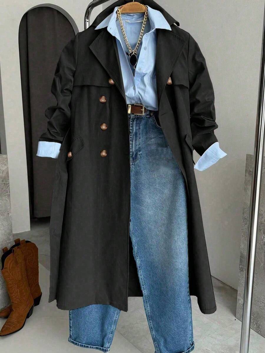 Women's Solid Color Long Sleeve Single-Breasted Casual Trench Coat, Suitable For Autumn/Winter Daily Wear