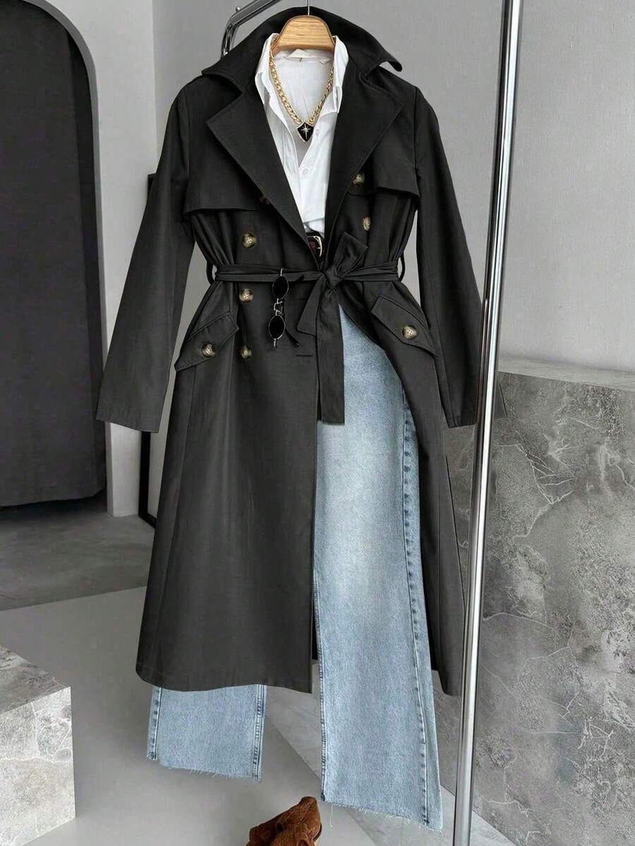 Women's Solid Color Long Sleeve Single-Breasted Casual Trench Coat, Suitable For Autumn/Winter Daily Wear