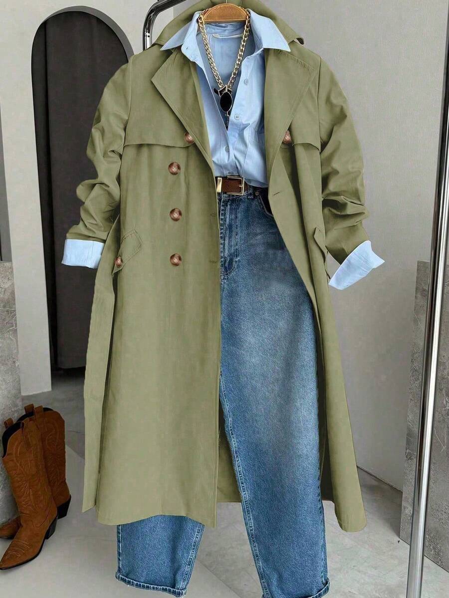 Women's Solid Color Long Sleeve Single-Breasted Casual Trench Coat, Suitable For Autumn/Winter Daily Wear
