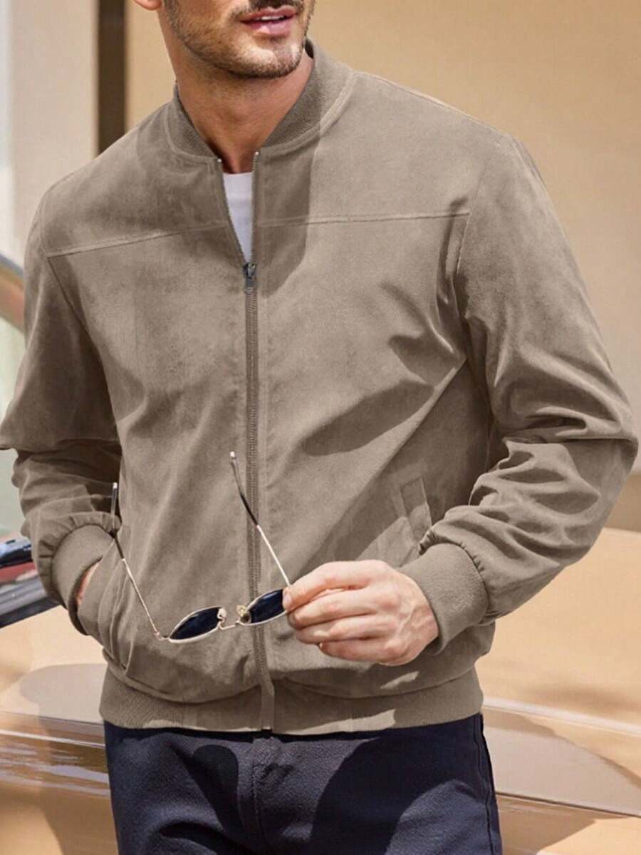 Men's Spring/Autumn Suede Fleece Lightweight Jacket, Comfortable Soft Casual Outerwear, Retro Stand Collar Zipper Baseball Jacket, Loose Minimalist Versatile Short Top [Runs Large, Suggest Ordering One Size Down]