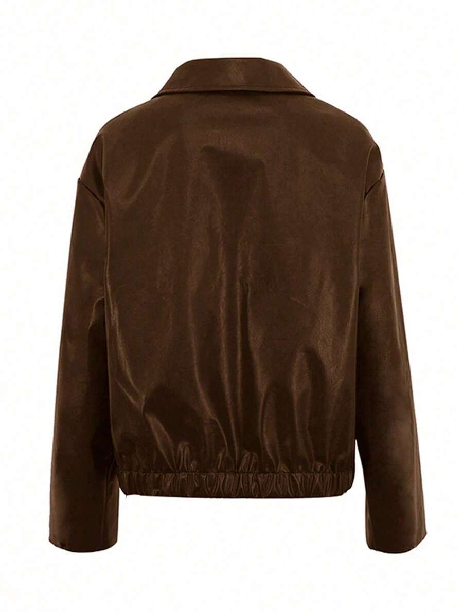 Women's Fashion Long Sleeve PU Leather Short Jacket With Collar And Zipper Details, Stylish Outerwear