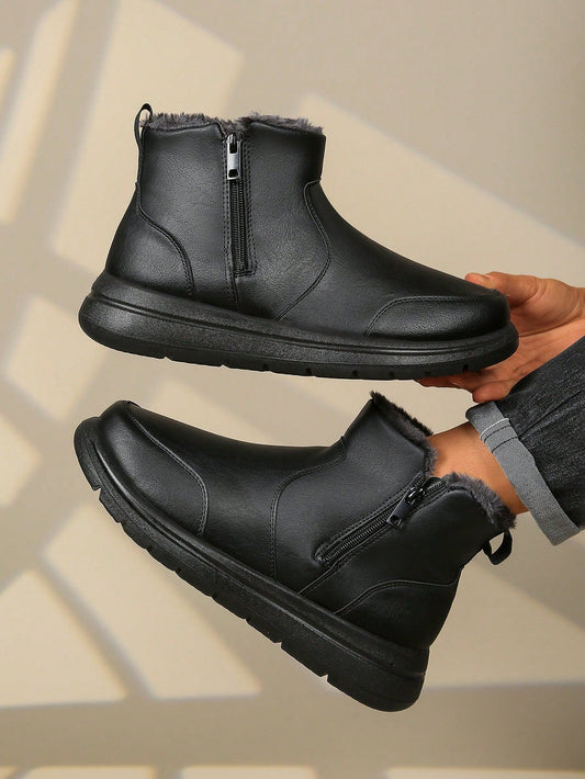 Men's Warm Snow Boots, Black High-Top Casual Leather Boots, Anti-Slip Thick Sole Insulated Short Boots, Autumn/Winter