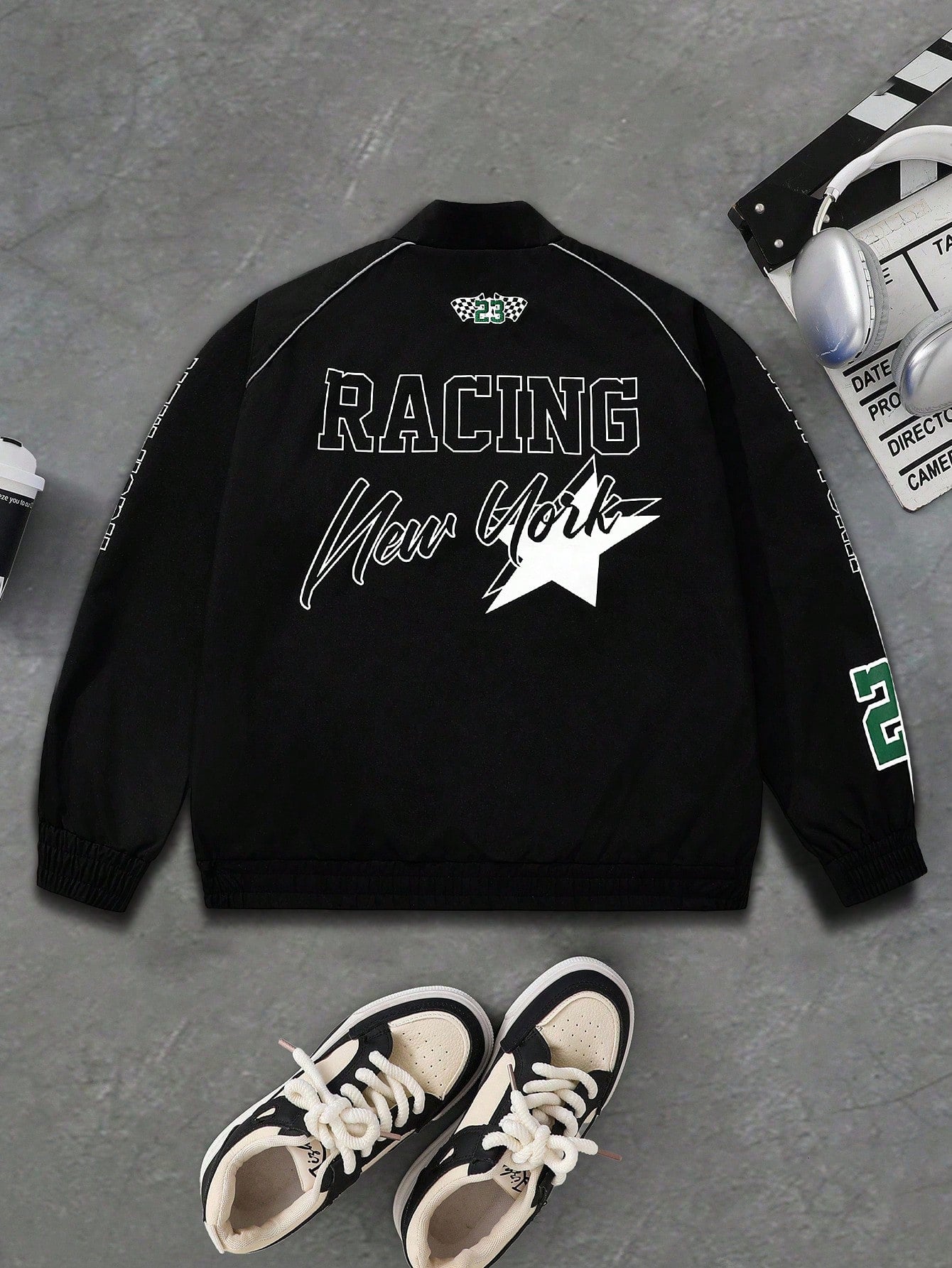 Men's Casual Letter Printed Long Sleeve Jacket,Stand Collar Rave Jacket, Spring & Fall Going Out Street Wear Racing Jacket Black Biker Jacket, For Friends, Husband, Boyfriend Gifts, Spring Autumn