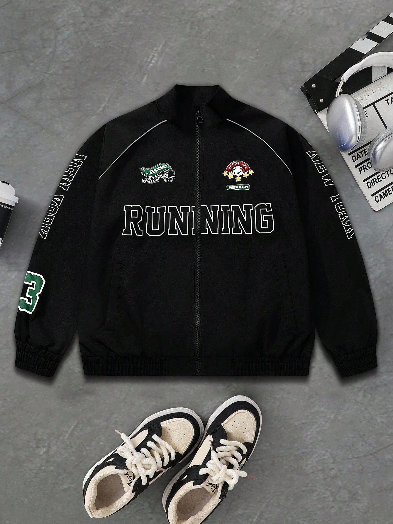 Men's Casual Letter Printed Long Sleeve Jacket,Stand Collar Rave Jacket, Spring & Fall Going Out Street Wear Racing Jacket Black Biker Jacket, For Friends, Husband, Boyfriend Gifts, Spring Autumn
