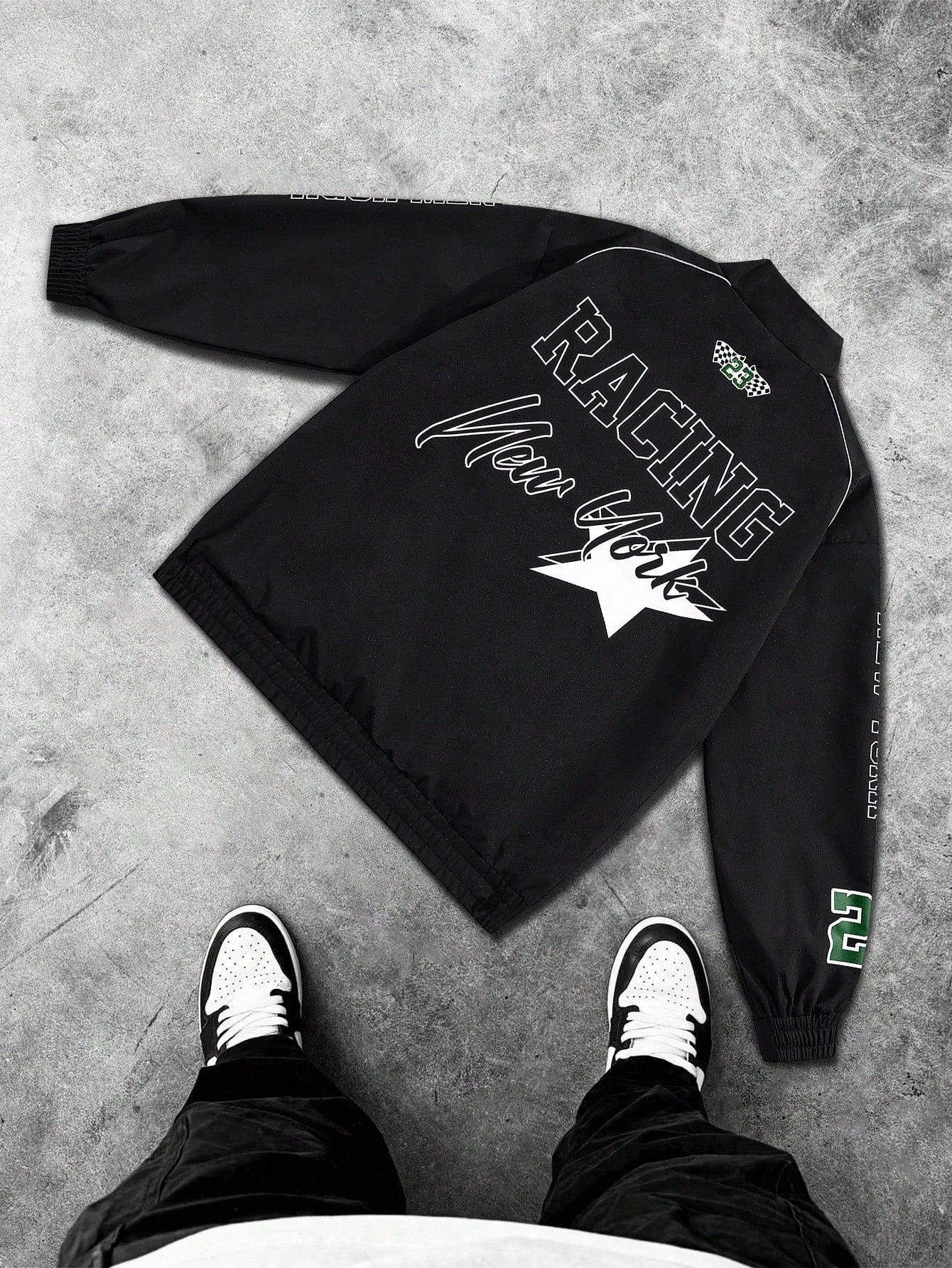 Men's Casual Letter Printed Long Sleeve Jacket,Stand Collar Rave Jacket, Spring & Fall Going Out Street Wear Racing Jacket Black Biker Jacket, For Friends, Husband, Boyfriend Gifts, Spring Autumn