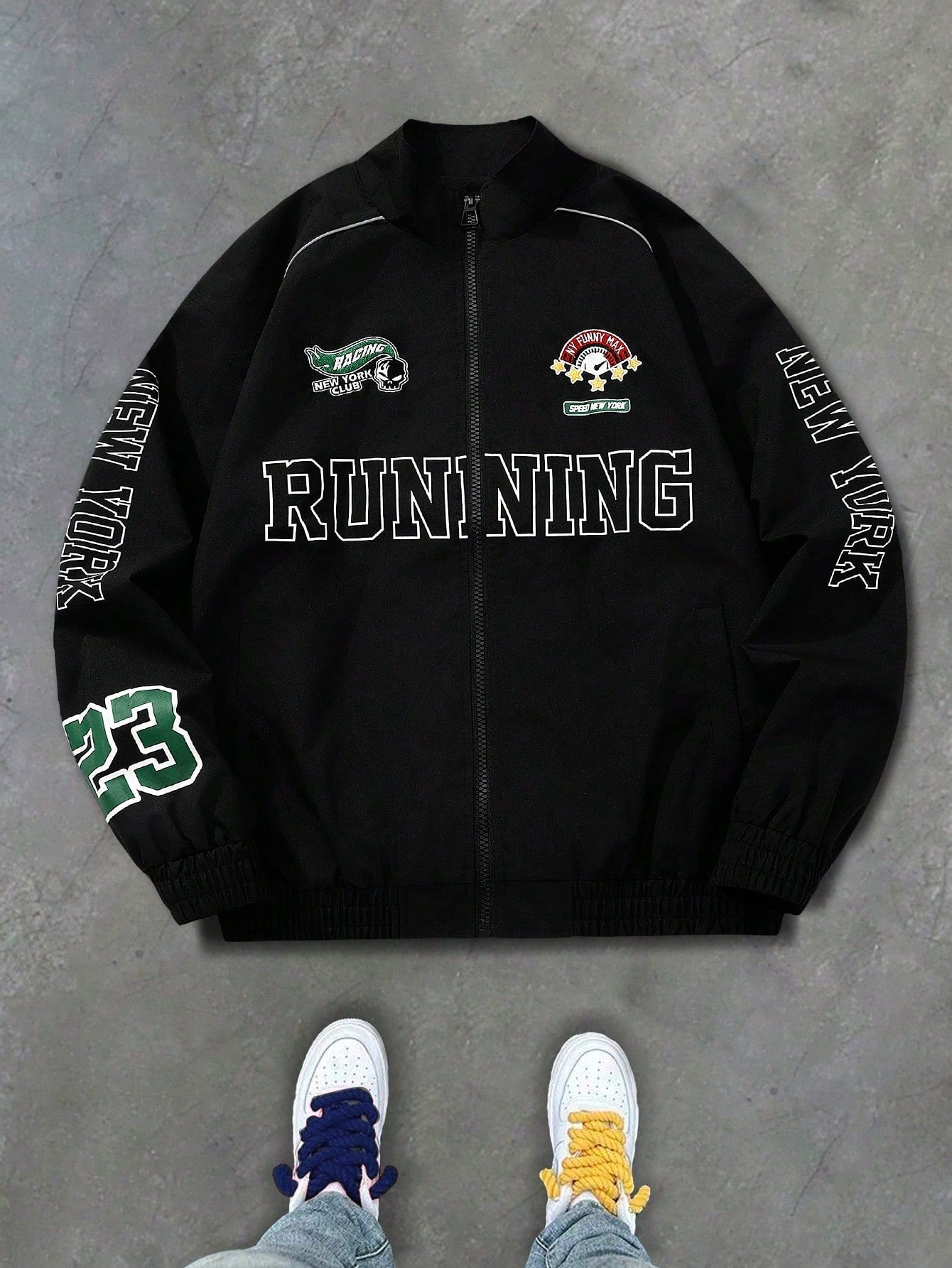 Men's Casual Colorblocked Letter Printed Long Sleeve Jacket, Spring & Fall Going Out Street Wear Racing Jacket Black Biker Jacket, For Friends, Husband, Boyfriend Gifts