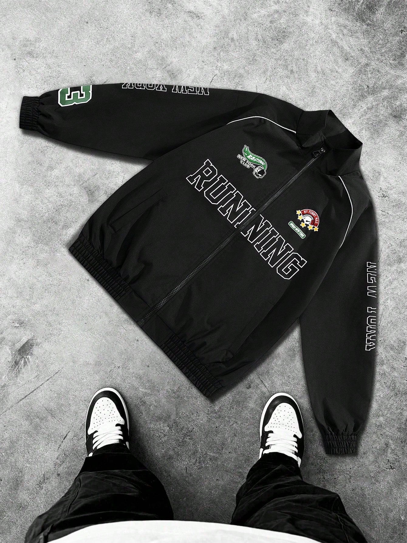 Men's Casual Colorblocked Letter Printed Long Sleeve Jacket, Spring & Fall Going Out Street Wear Racing Jacket Black Biker Jacket, For Friends, Husband, Boyfriend Gifts