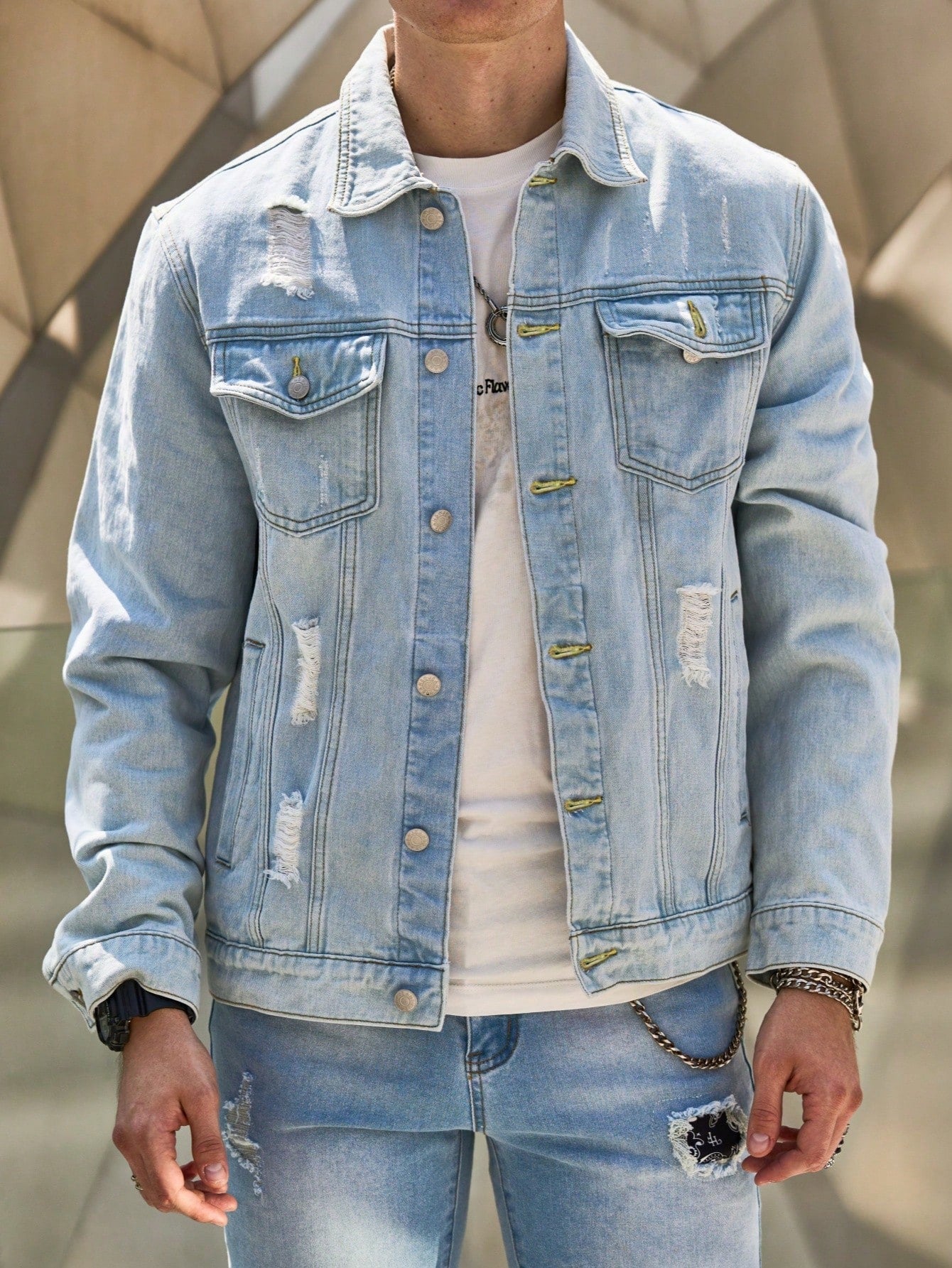 Men's Distressed Washed Light Blue Denim Jacket, Fashionable Casual Denim Jacket